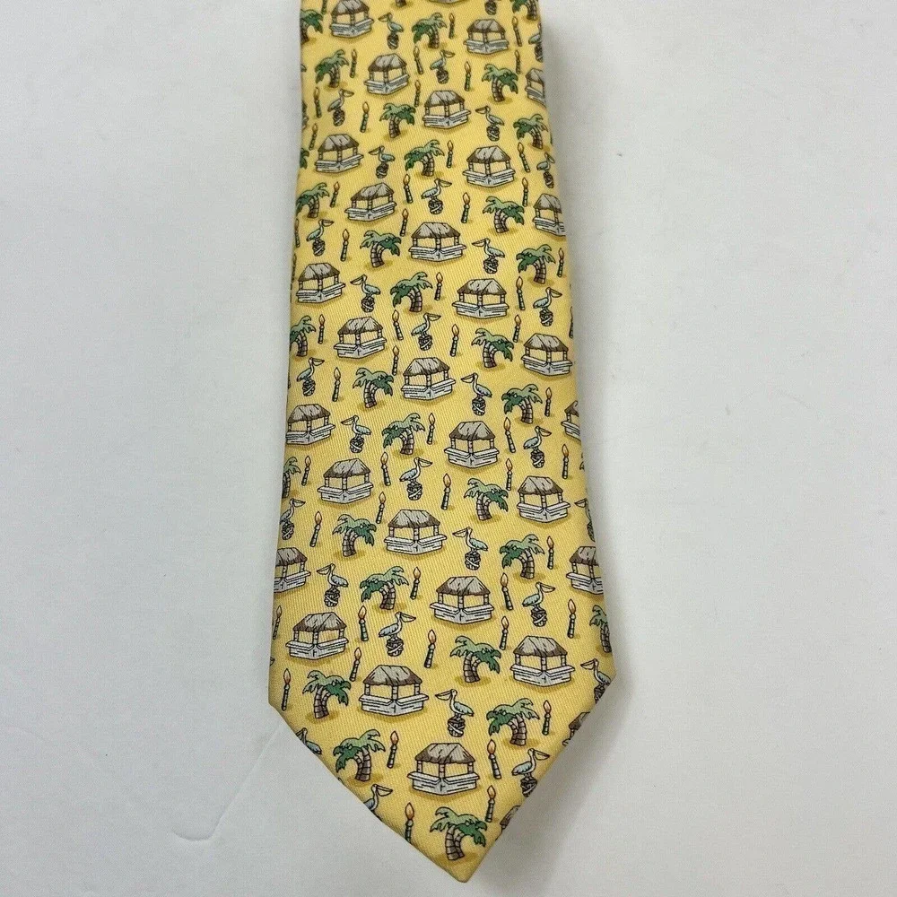 Vineyard Vines Yellow Silk Pelican Fish Tie Necktie Tropoical Palm Trees